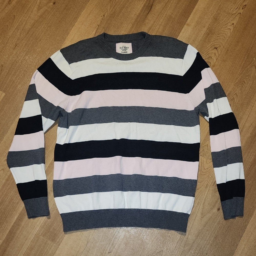 Old Navy Gray and Pink Crewneck Sweater with Classic Stripes
